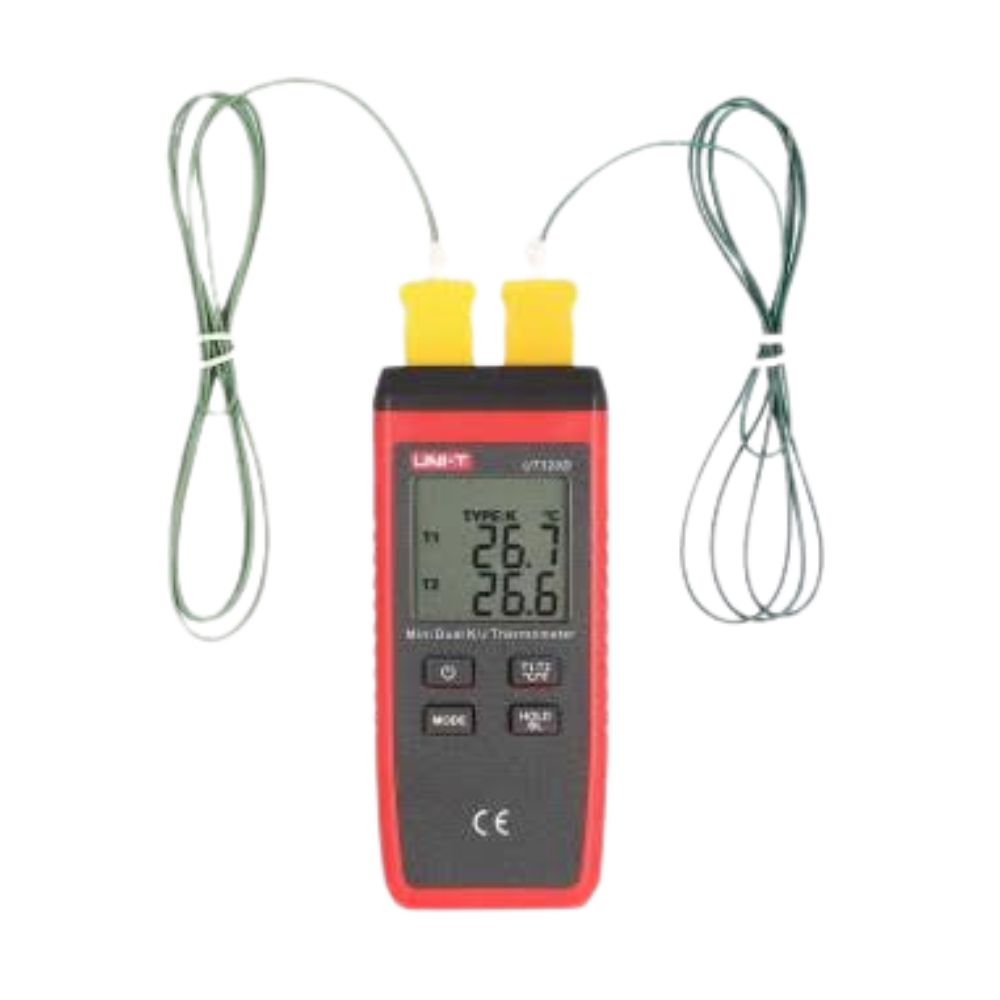 UNI-T UT320D dual-channel thermocouple thermometer with two K-type probes connected and ready for temperature measurement