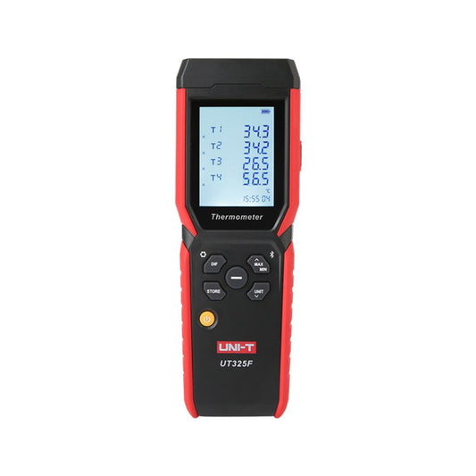 Front view of the UNI-T UT325F 4-channel thermocouple data logger with the multi-line digital display turned on.