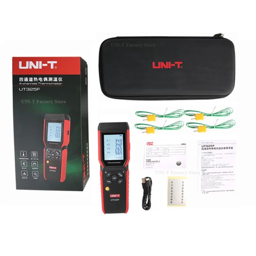 Full retail box set of the UNI-T UT325F multi-channel thermometer including the main unit, K-type probes, and accessories.