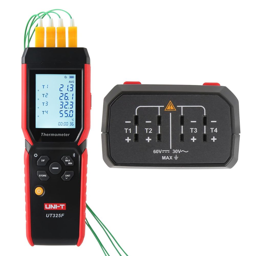 Close-up of the top sensor connection interface on the UNI-T UT325F multi-thermocouple reader with four probes actively measuring temperatures.
