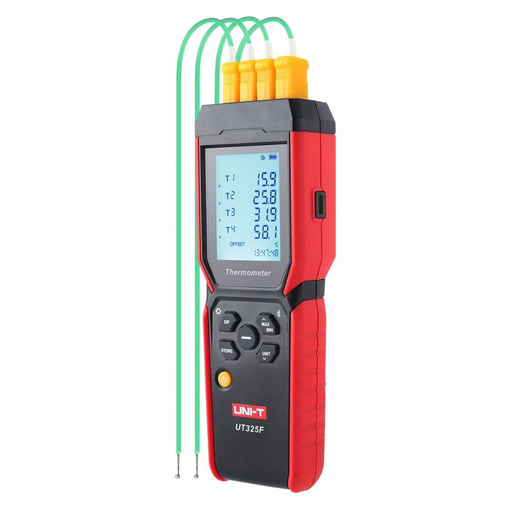 Side view profile of the UNI-T UT325F thermocouple data acquisition system with four K-type temperature sensors attached.