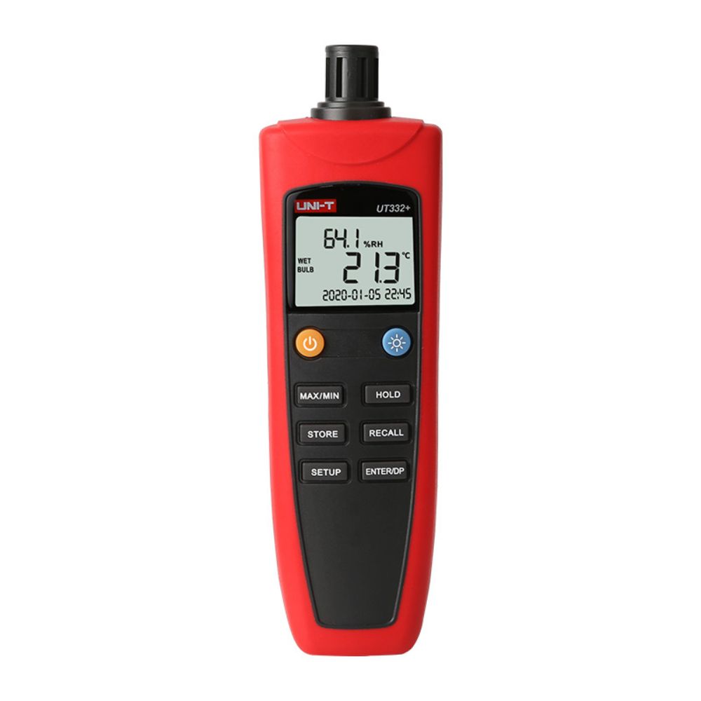 UNI-T UT332+ temperature humidity data logger front view showing dual-parameter LCD display with dew point and wet bulb readout