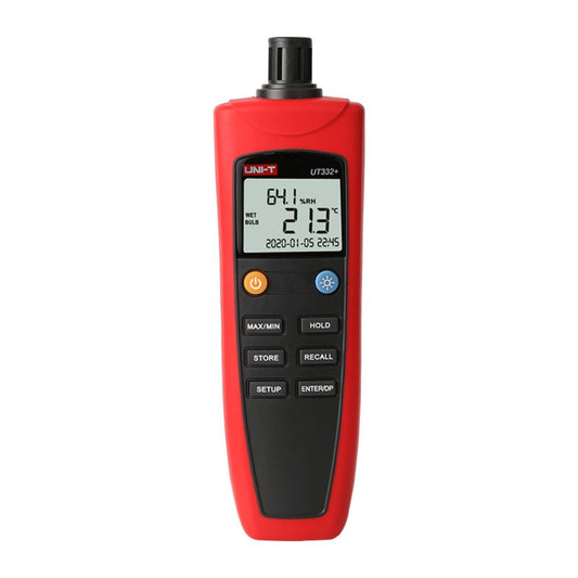 UNI-T UT332+ temperature humidity data logger front view showing dual-parameter LCD display with dew point and wet bulb readout