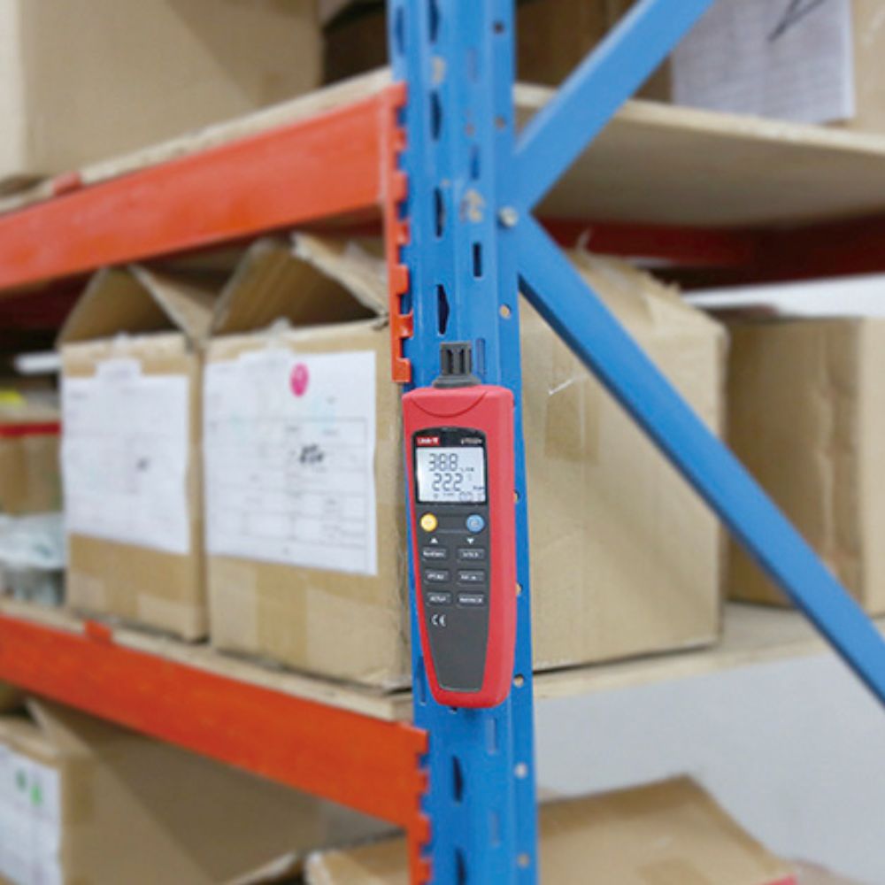 UNI-T UT332+ temperature humidity data logger recording indoor warehouse environmental conditions for storage compliance and quality control