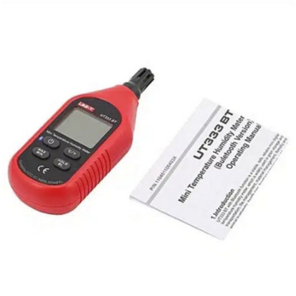 UNI-T UT333BT digital thermo-hygrometer full retail kit including the portable humidity meter, English user manual, and factory batteries for immediate out-of-the-box use.