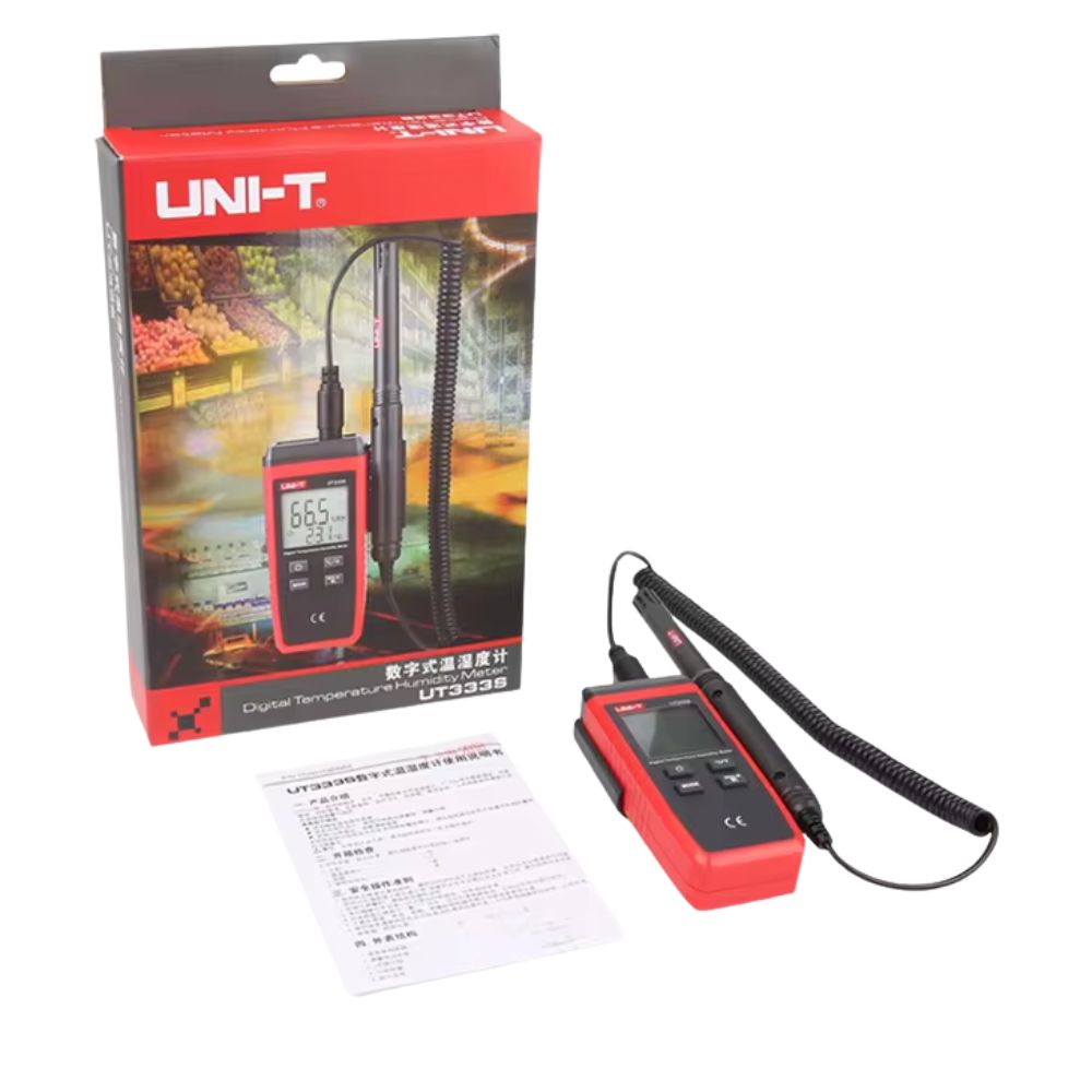 UNI-T UT333S handheld temperature humidity meter full set including main unit and extendable spring cable sensor probe