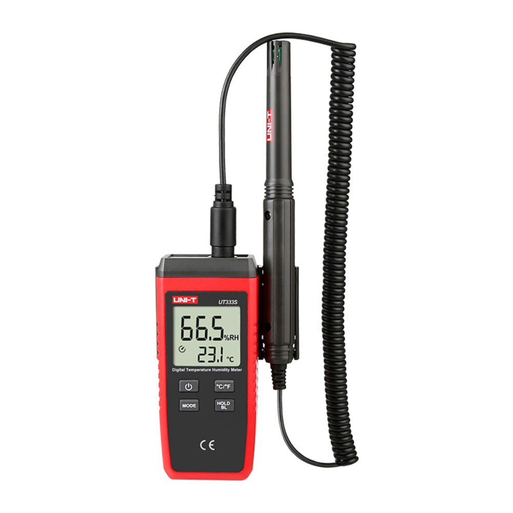 UNI-T UT333S split-type digital temperature humidity meter front view showing LCD display and spring cable probe connection