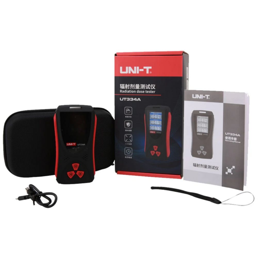 Professional UNI-T UT334A Radiation Detector full kit including Type-C cable, calibration certificate, and protective pouch for medical and industrial use.