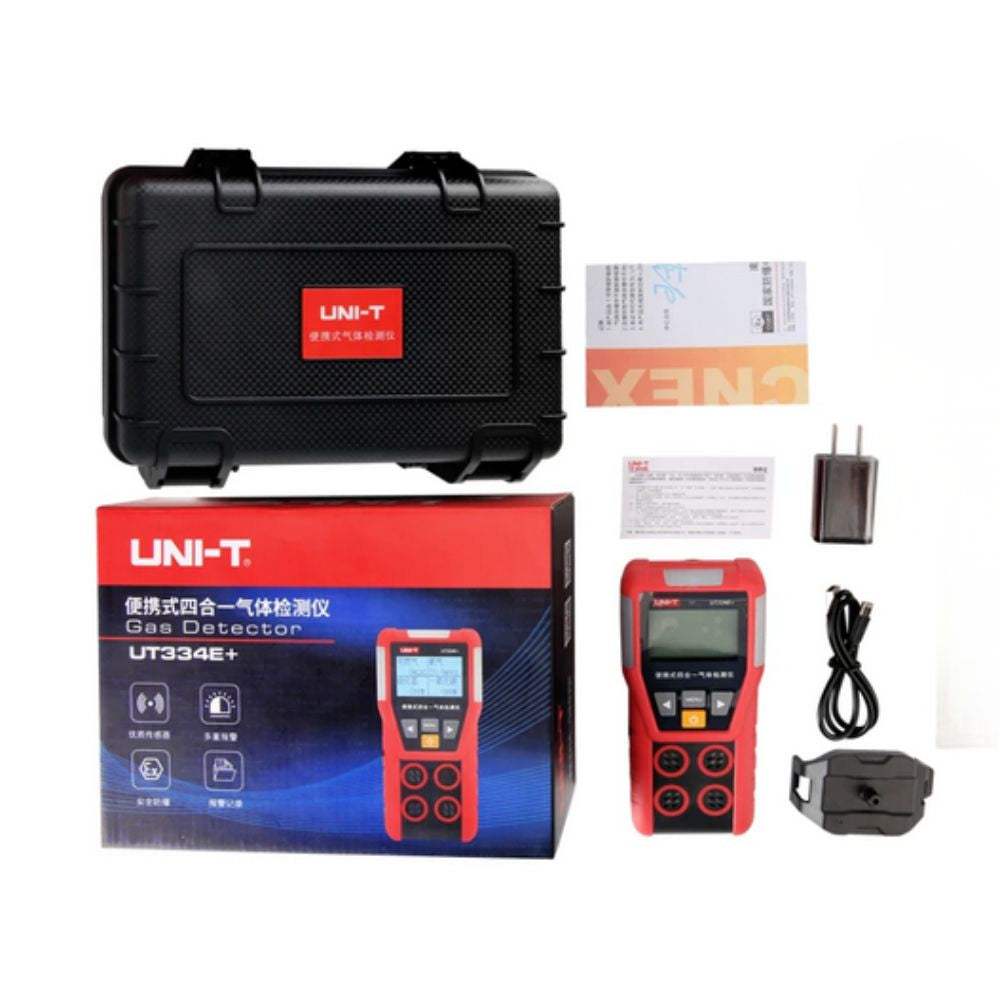 UNI-T UT334E+ Multi Gas Detector complete kit in retail box with calibration certificate, user manual, USB cable, power adapter and hanging clip - professional 4 gas monitor O2 CO H2S combustible