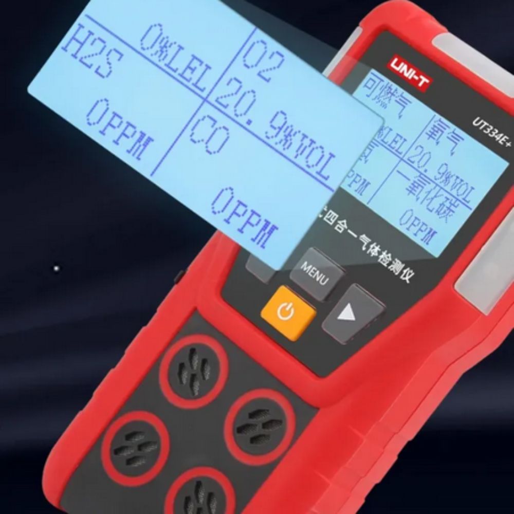 UNI-T UT334E+ Multi Gas Detector 2.4-inch color LCD display closeup showing real-time O2 CO H2S combustible gas levels - professional 4 gas monitor with trend curves and alarms