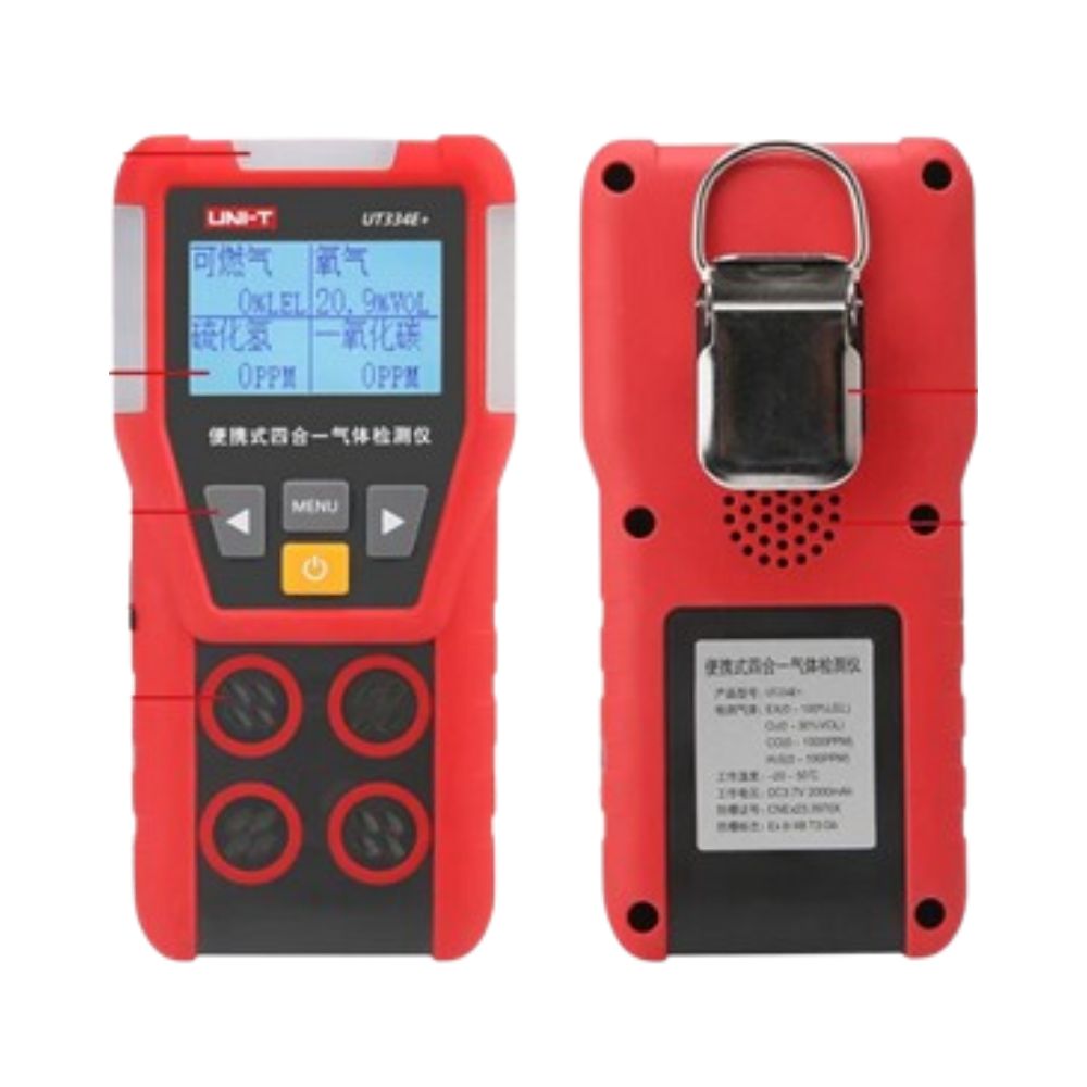 UNI-T UT334E+ 4-in-1 Gas Detector front and back view highlighting wearable clip - portable gas leak detector with O2 CO H2S EX sensors for industrial safety and personal protection