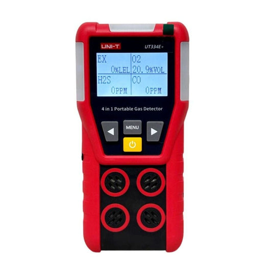 UNI-T UT334E+ 4-in-1 Multi Gas Detector front closeup showing 20.9% O2 oxygen level with CO H2S EX at 0 - portable gas monitor for confined space entry and industrial safety