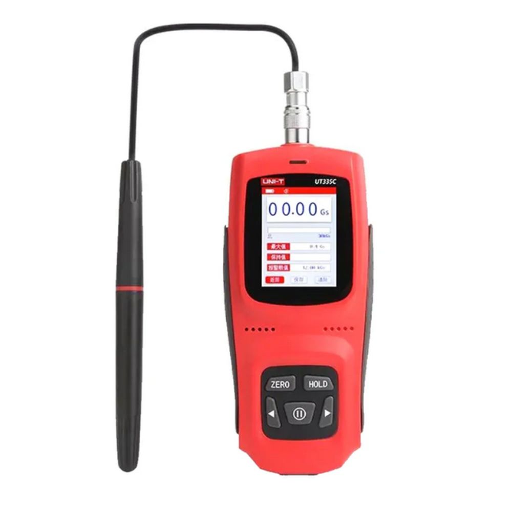 UNI-T UT335C digital gauss meter front view with probe connected, displaying "0" reading on color TFT screen, backlight on