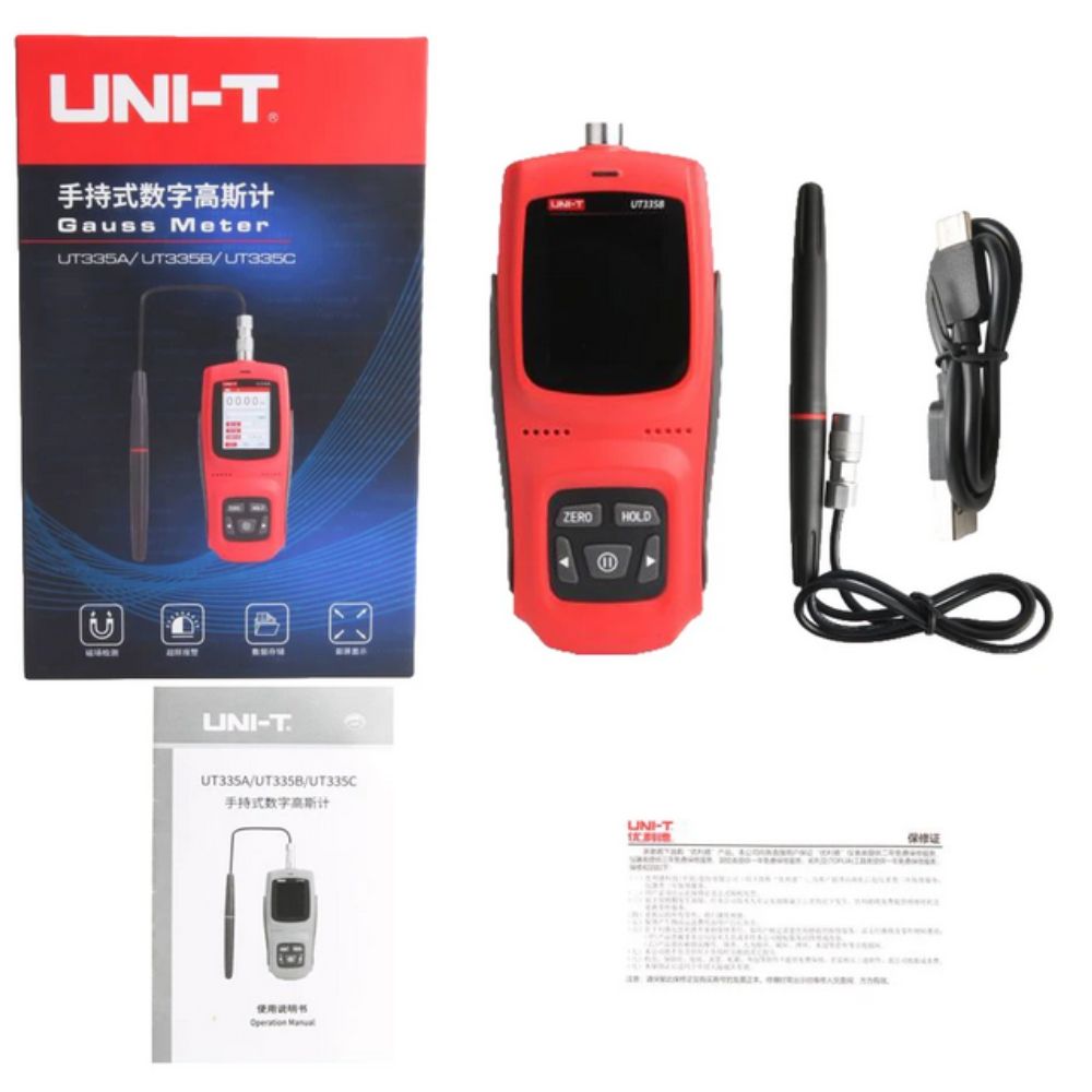 UNI-T UT335C gauss meter complete set: probe, USB-C cable, user manual, calibration certificate, official retail box
