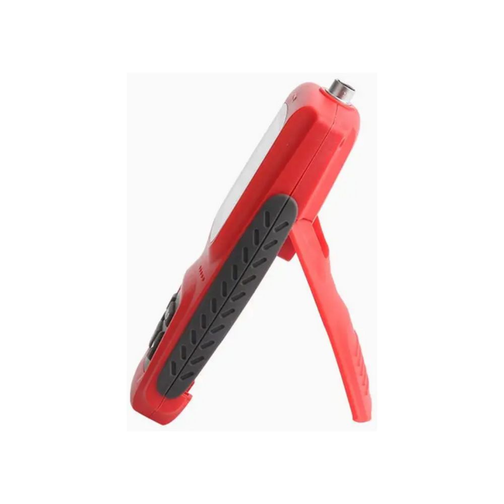 UNI-T UT335C gauss meter side profile highlighting built-in back support stand for hands-free magnetic field measurements