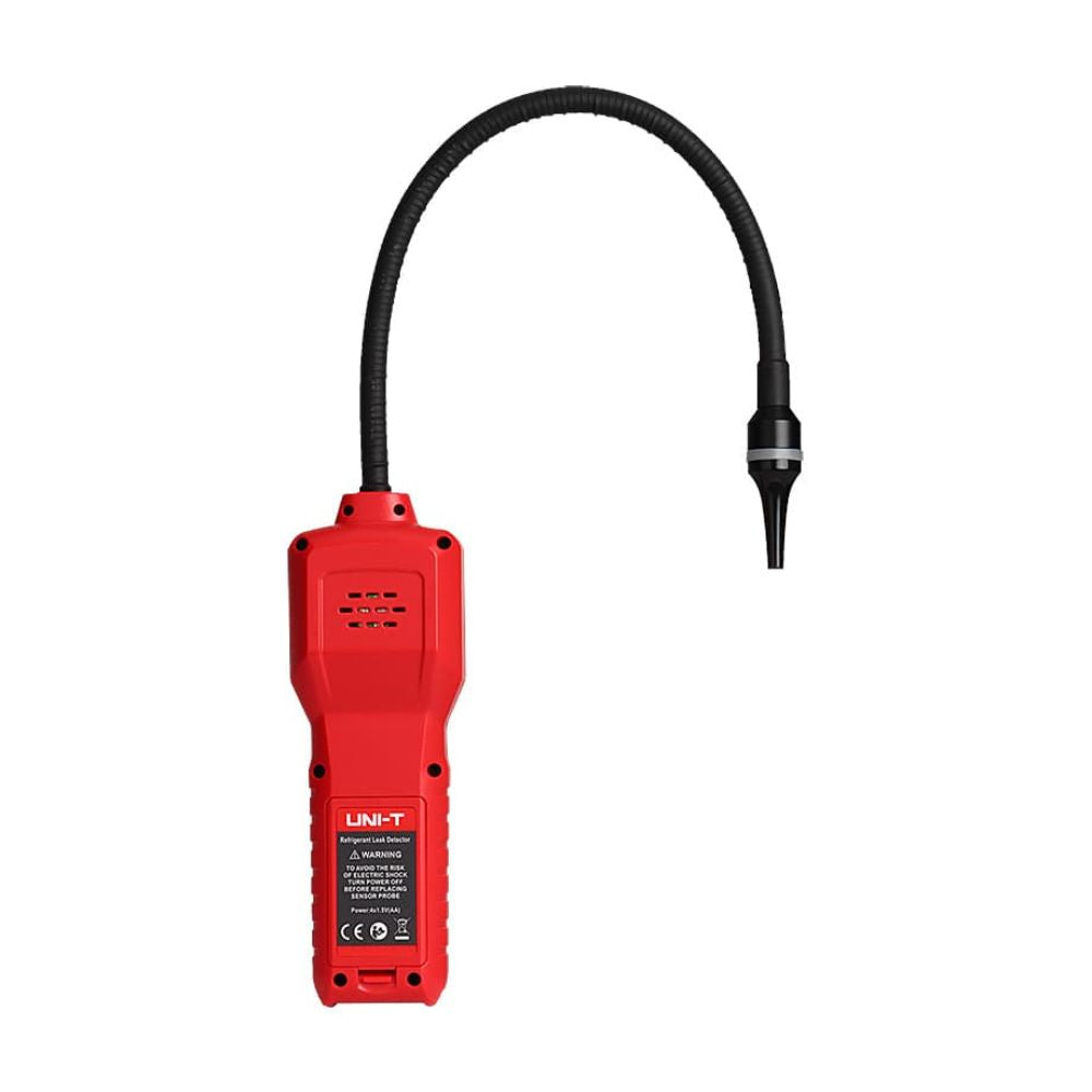 Back side of the UNI-T UT336B electronic AC gas leak tester, showing the battery compartment and rugged, ergonomic handheld design.