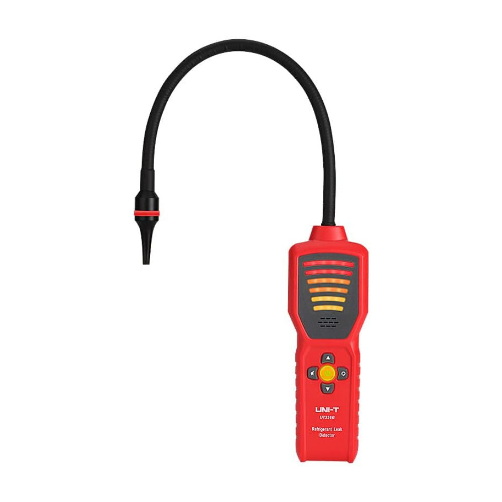 Front view of the UNI-T UT336B electronic refrigerant leak detector, featuring an illuminated flexible probe and multi-level LED alarm display.