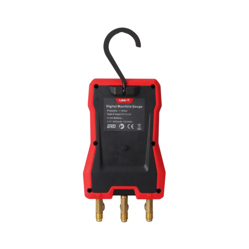 Back side view of the UNI-T UT336E digital manifold gauge main unit showing hanging hook and connection ports