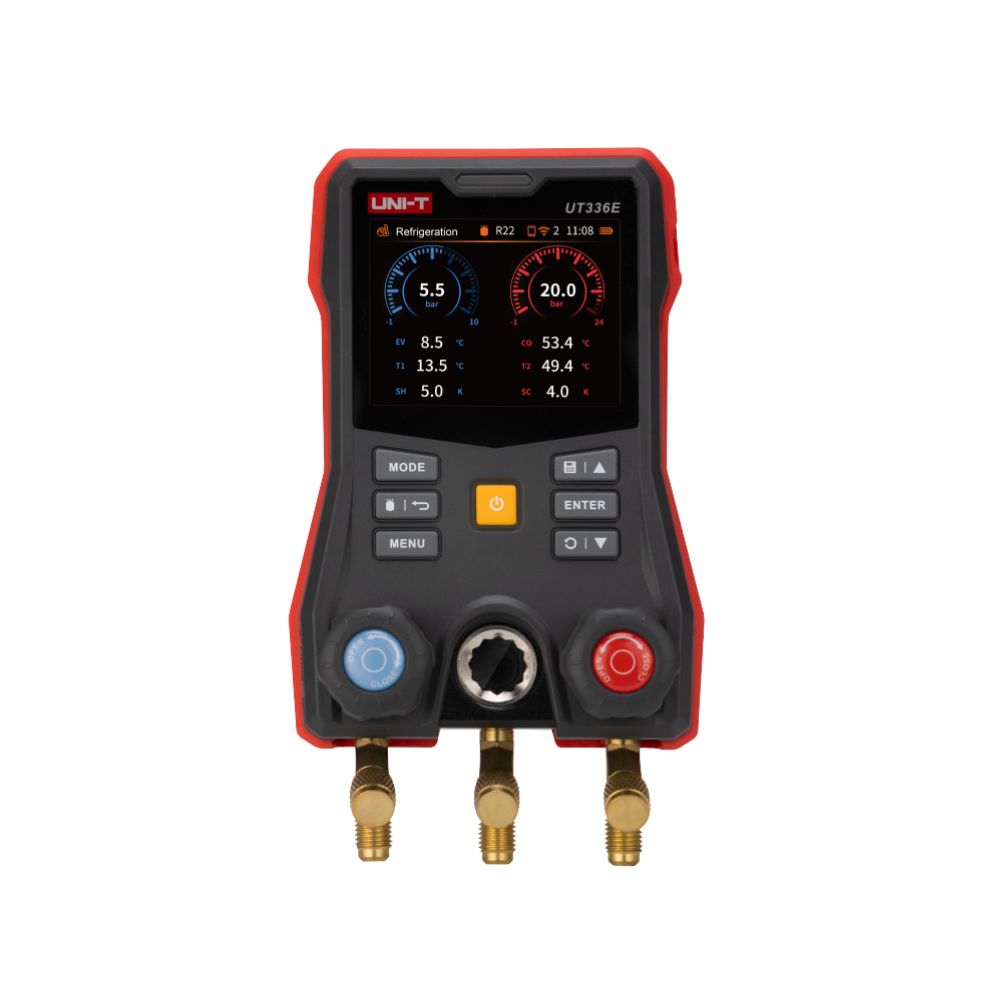 UNI-T UT336E KIT digital manifold gauge front view showing 3.5-inch colour display, pressure ports and control buttons