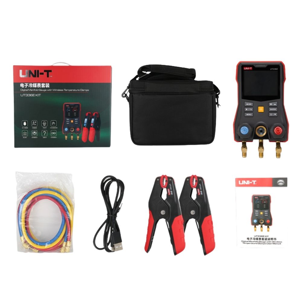 UNI-T UT336E KIT full set with digital manifold gauge, two UT320i wireless temperature clamps, three refrigerant hoses, USB-C cable and tool box