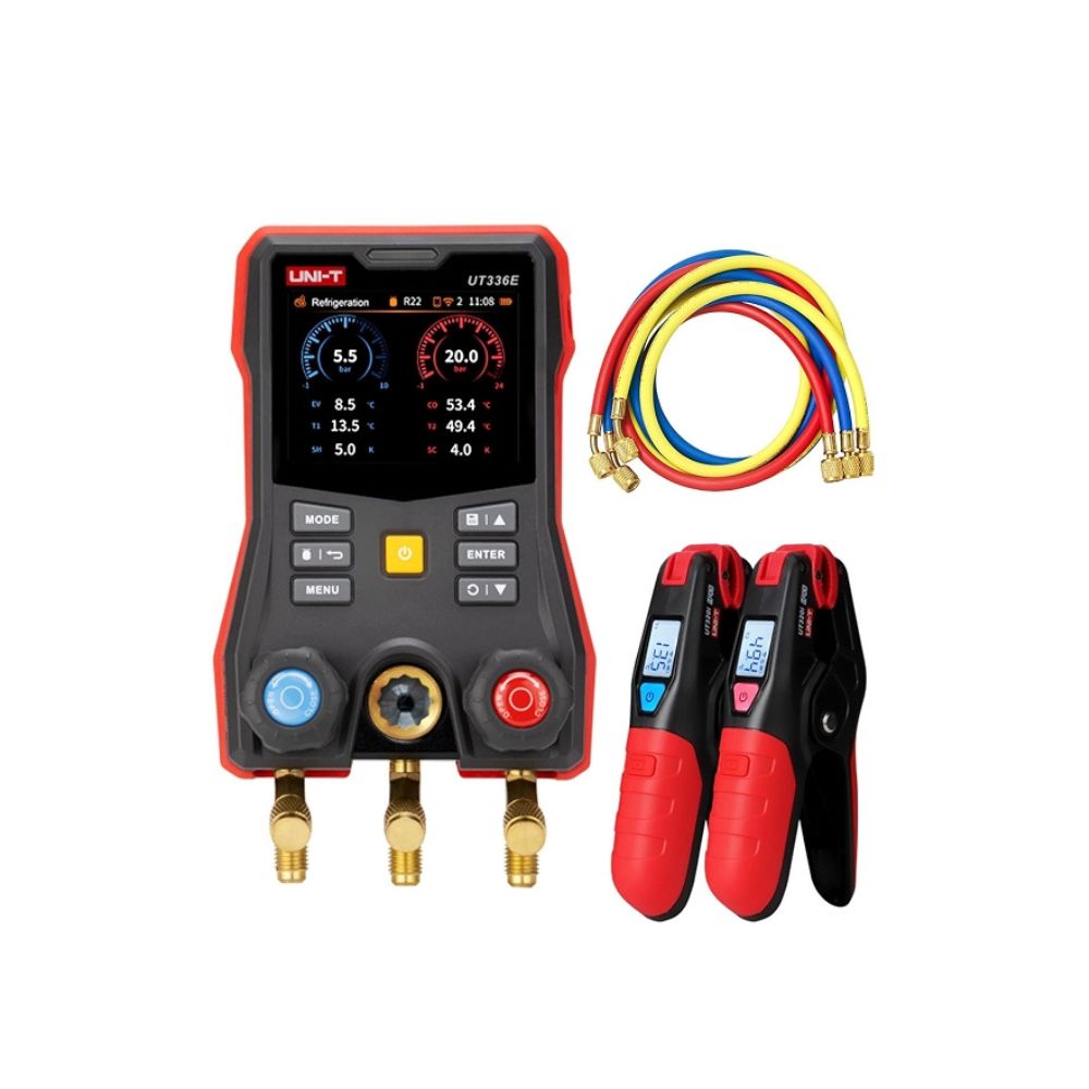 UNI-T UT336E KIT contents showing main digital manifold unit, two UT320i wireless temperature clamps and three refrigerant hose pipes