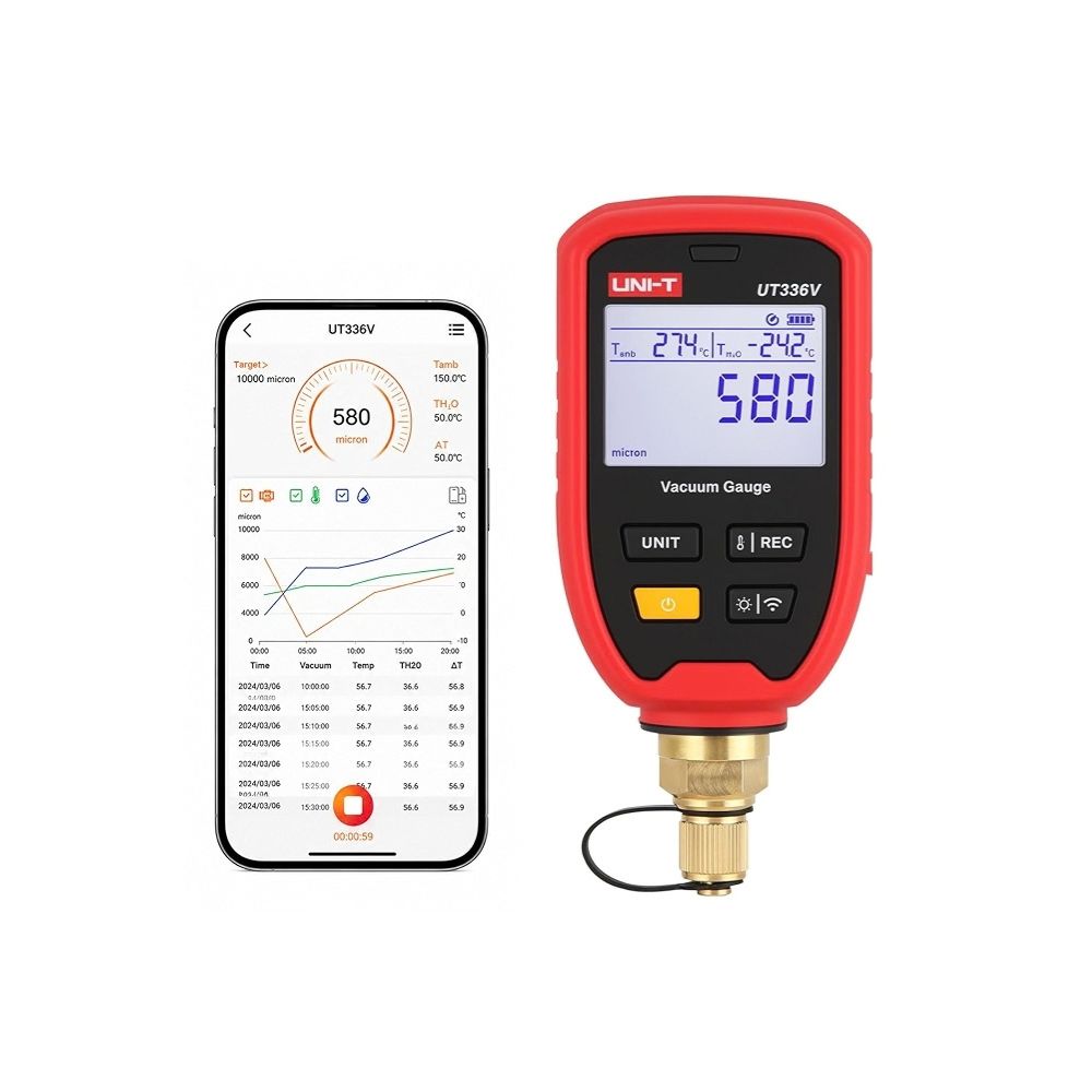UNI-T UT336V Wireless Vacuum Gauge beside smartphone displaying iENV Bluetooth app screen