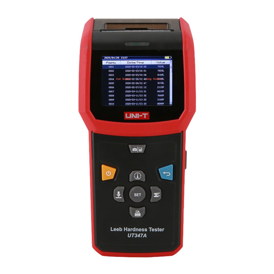UNI-T UT347A Leeb Hardness Tester front view closeup showing 2.8-inch TFT display, integrated camera, thermal printer slot and control buttons - Precision industrial hardness tester Sri Lanka.