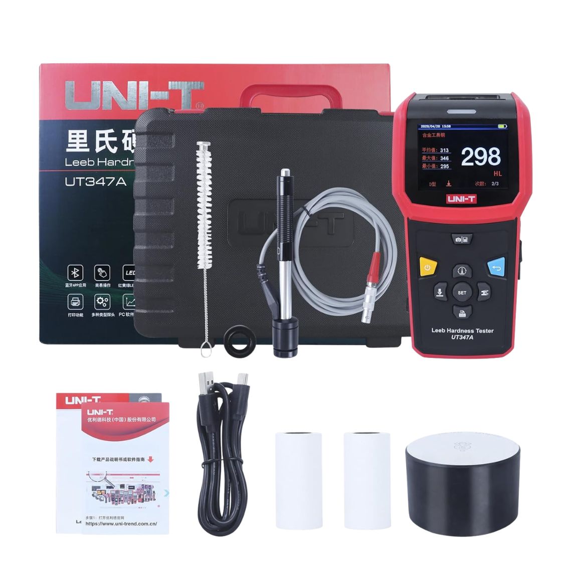 UNI-T UT347A Leeb Hardness Tester complete package set with D impact device, test block, thermal paper, USB cable, power adaptor and carrying case - Portable 6-scale industrial hardness tester Sri Lanka.