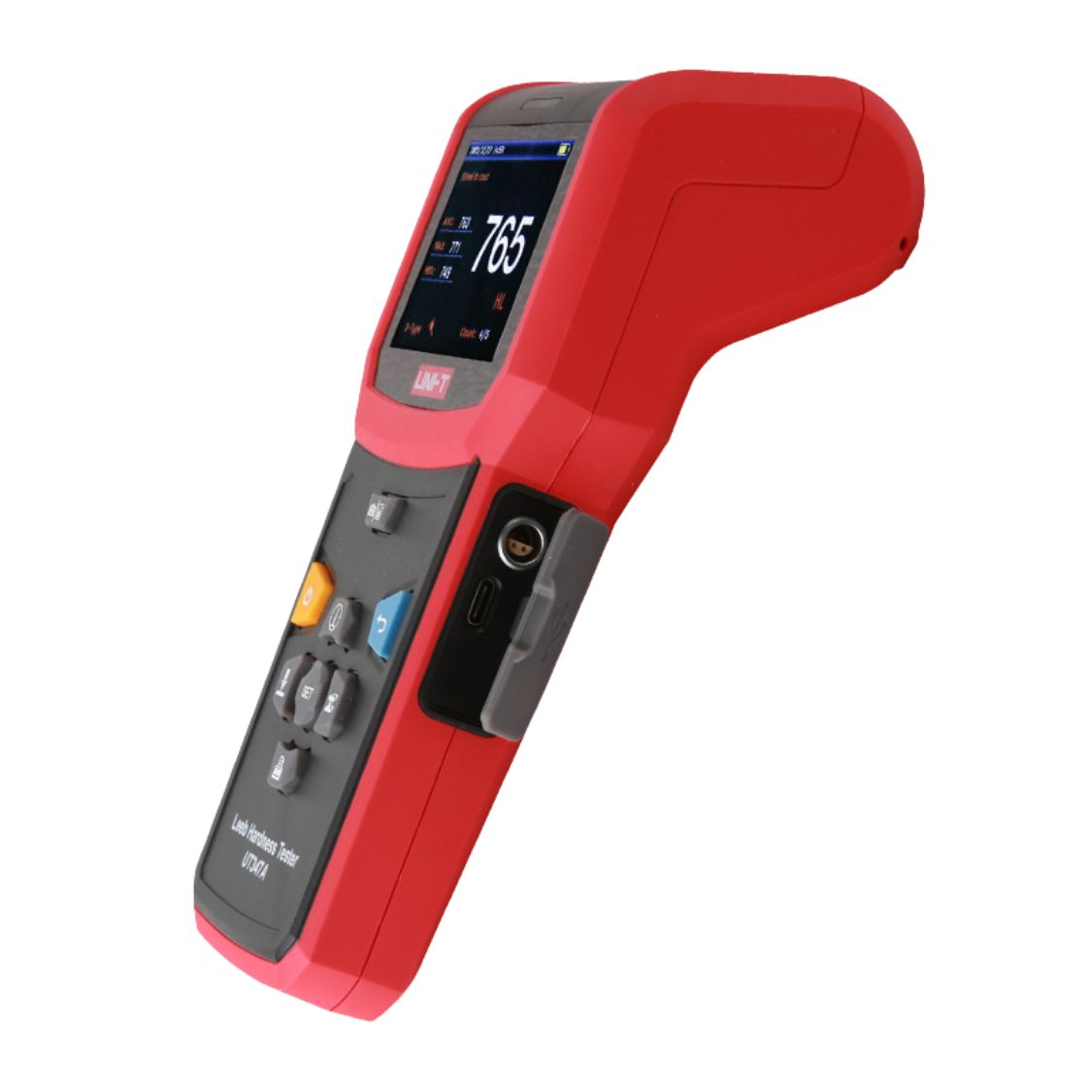 UNI-T UT347A Leeb Hardness Tester side view showing 2.8-inch color display, impact device port and rugged handheld design - Portable material hardness measurement tool Sri Lanka.