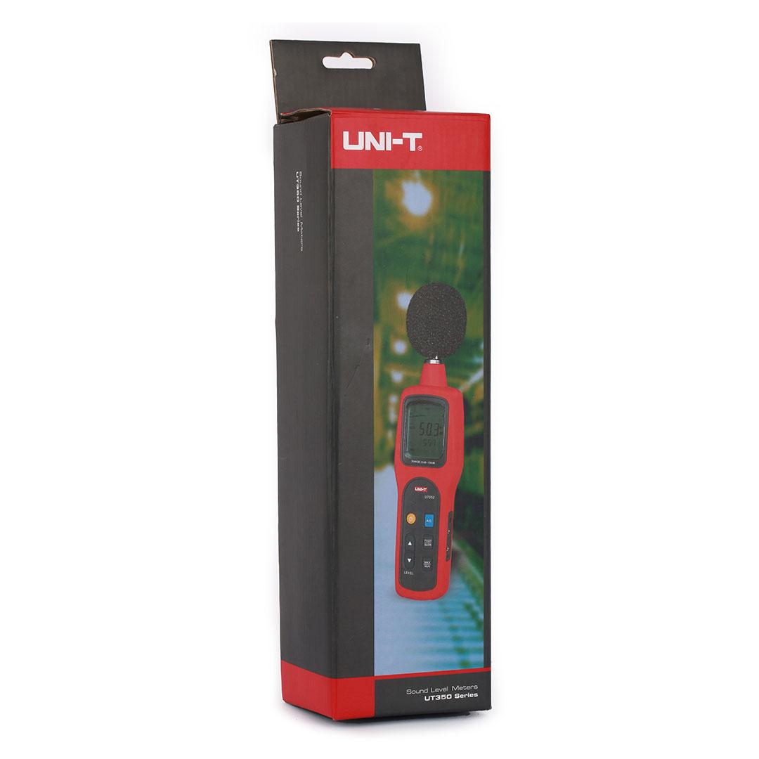 Official retail box for the UNI-T UT352 professional sound level meter, showing the product branding, model number, and key features.