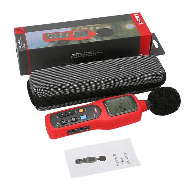 Complete UNI-T UT352 sound level meter kit, including the decibel meter, user manual, protective windscreen, and hard carrying case available in Sri Lanka.