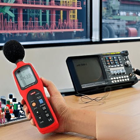 The UNI-T UT352 decibel meter being verified with a sound level calibrator to ensure its Class 2 accuracy complies with the IEC 61672-1 standard.