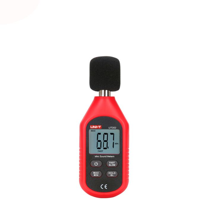 The UNI-T UT353 mini digital sound level meter powered on, showing a noise measurement of 68.7 dBA on its clear LCD screen.