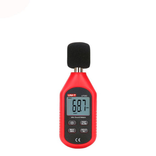 The UNI-T UT353 mini digital sound level meter powered on, showing a noise measurement of 68.7 dBA on its clear LCD screen.