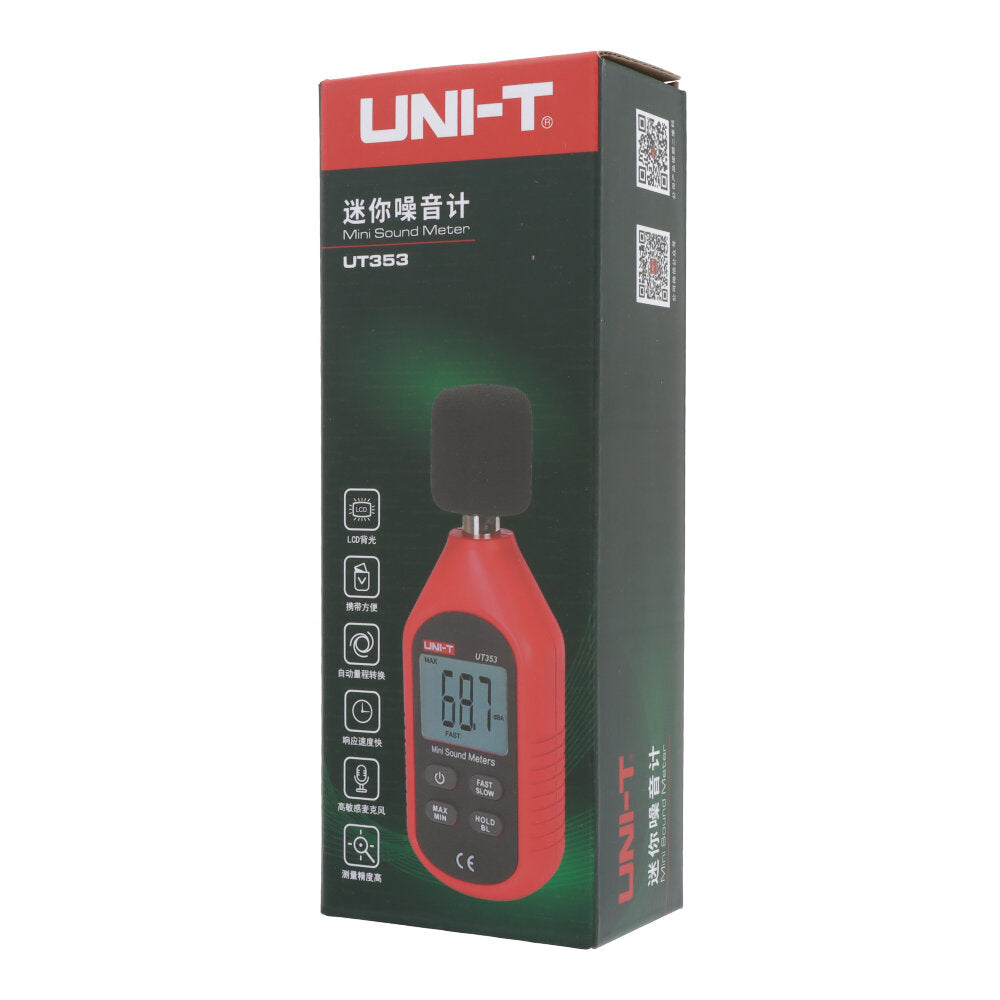 The official retail packaging for the UNI-T UT353 mini digital sound level meter.