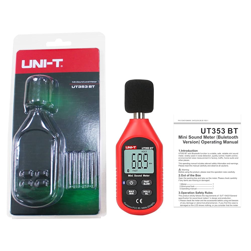 The UNI-T UT353 mini sound level meter shown with its retail blister packaging and user manual, displaying a 68.9 dBA reading.