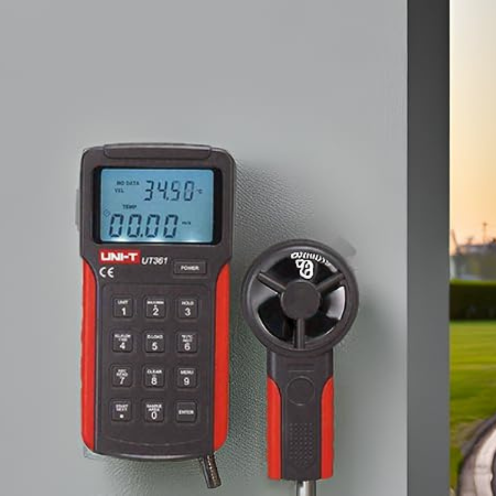 UNI-T UT362 digital anemometer mounted indoors to monitor ventilation airflow