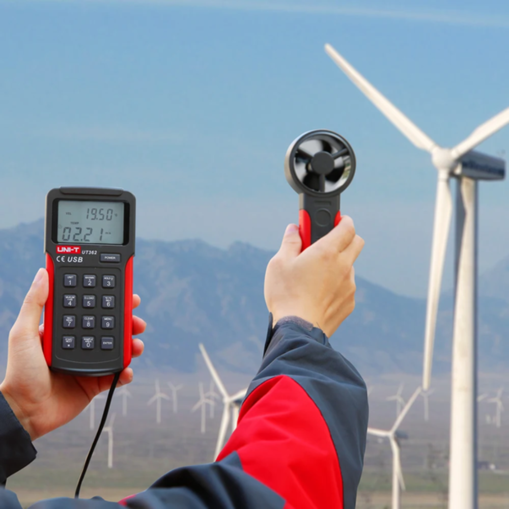 UNI-T UT362 digital anemometer monitoring wind speed at a wind turbine