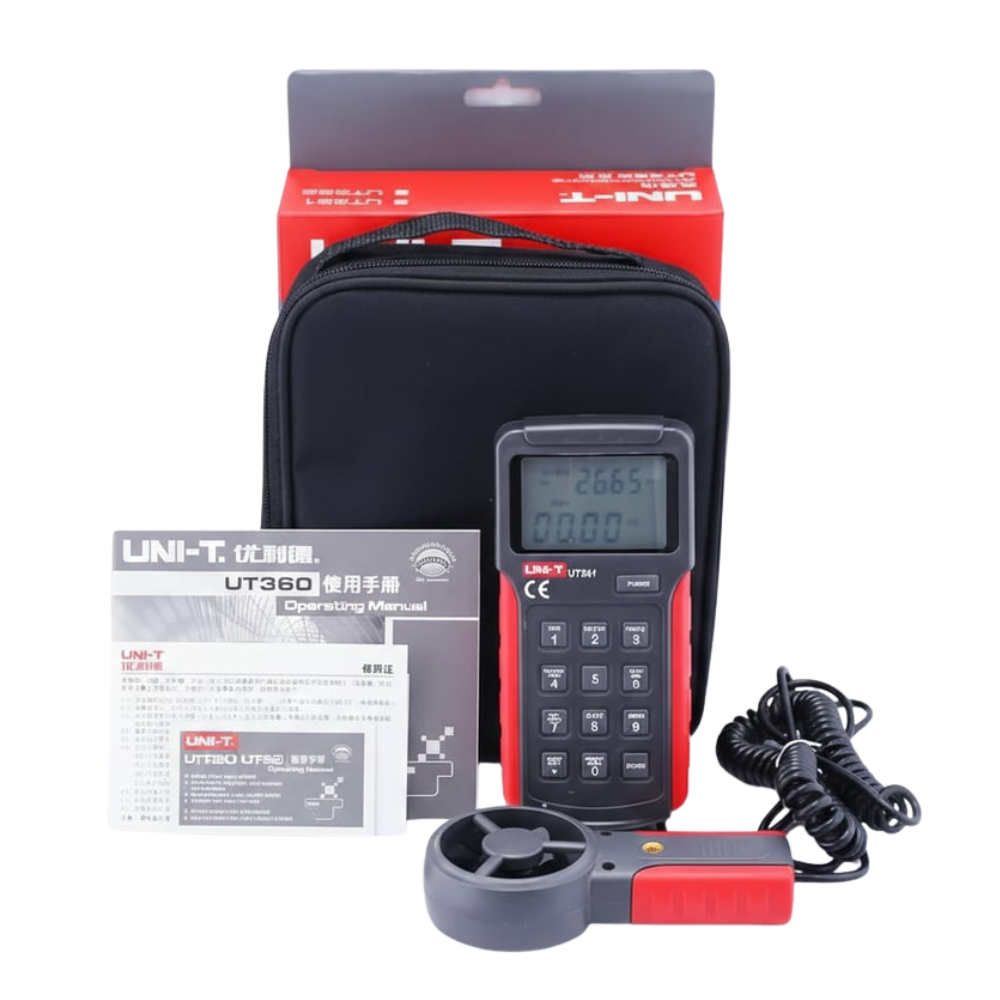 UNI-T UT362 digital anemometer full set with USB cable, carrying bag, 9V battery and user manual