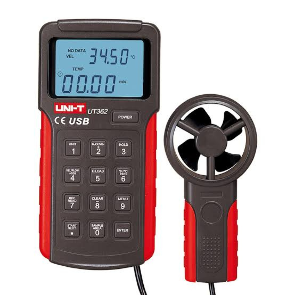 UNI-T UT362 digital anemometer data logger with vane fan, dual LCD display and keypad, full view