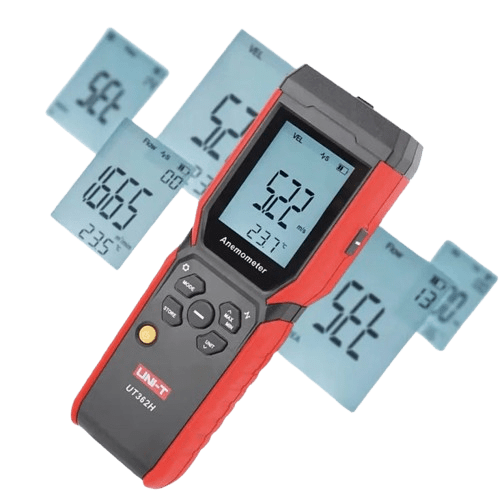 UNI-T UT362H anemometer display showing various air velocity measurement units, including m/s, km/h, and ft/min, highlighting its versatile settings.