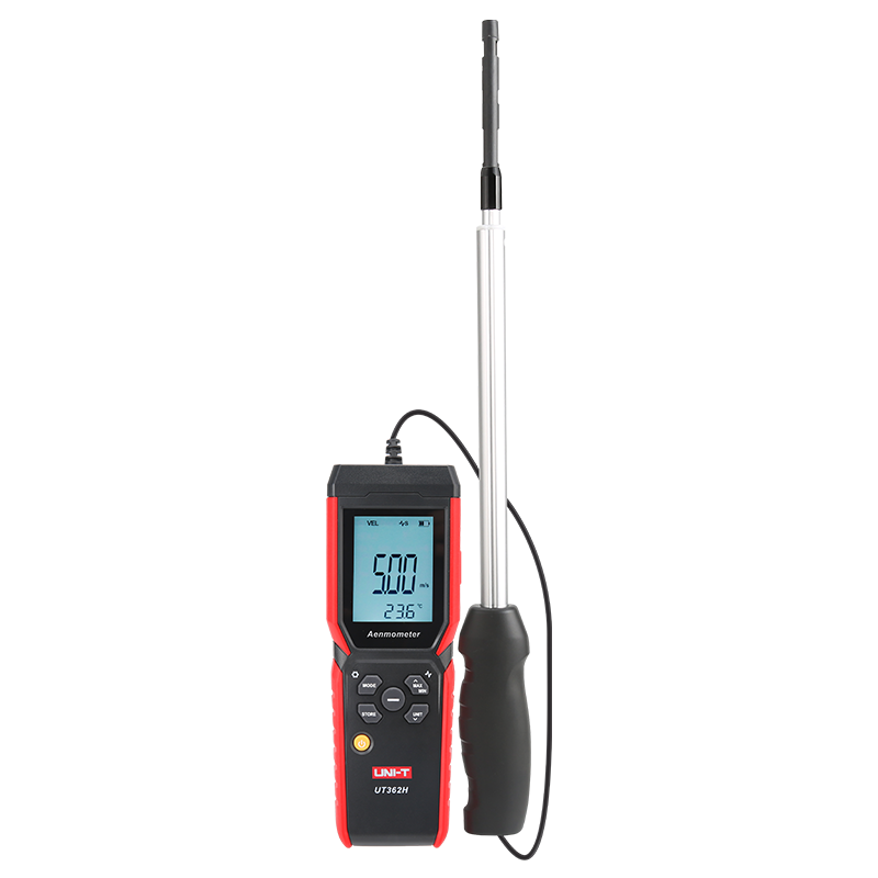 UNI-T UT362H hot-wire anemometer with its backlit LCD screen displaying an air velocity reading of 5.00 m/s, showcasing the extendable thermal probe.
