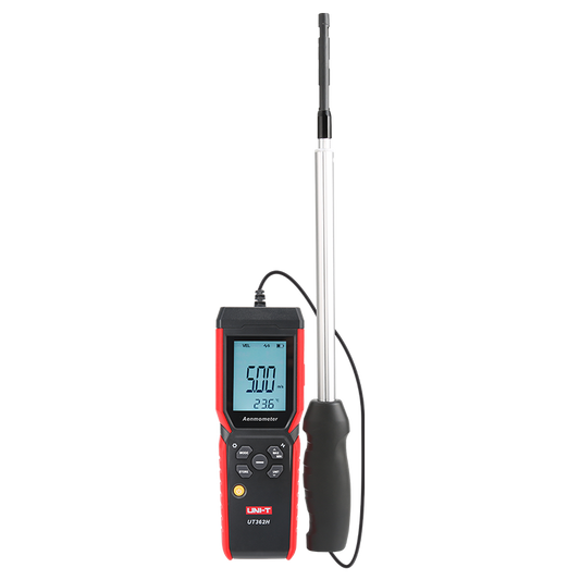 UNI-T UT362H hot-wire anemometer with its backlit LCD screen displaying an air velocity reading of 5.00 m/s, showcasing the extendable thermal probe.