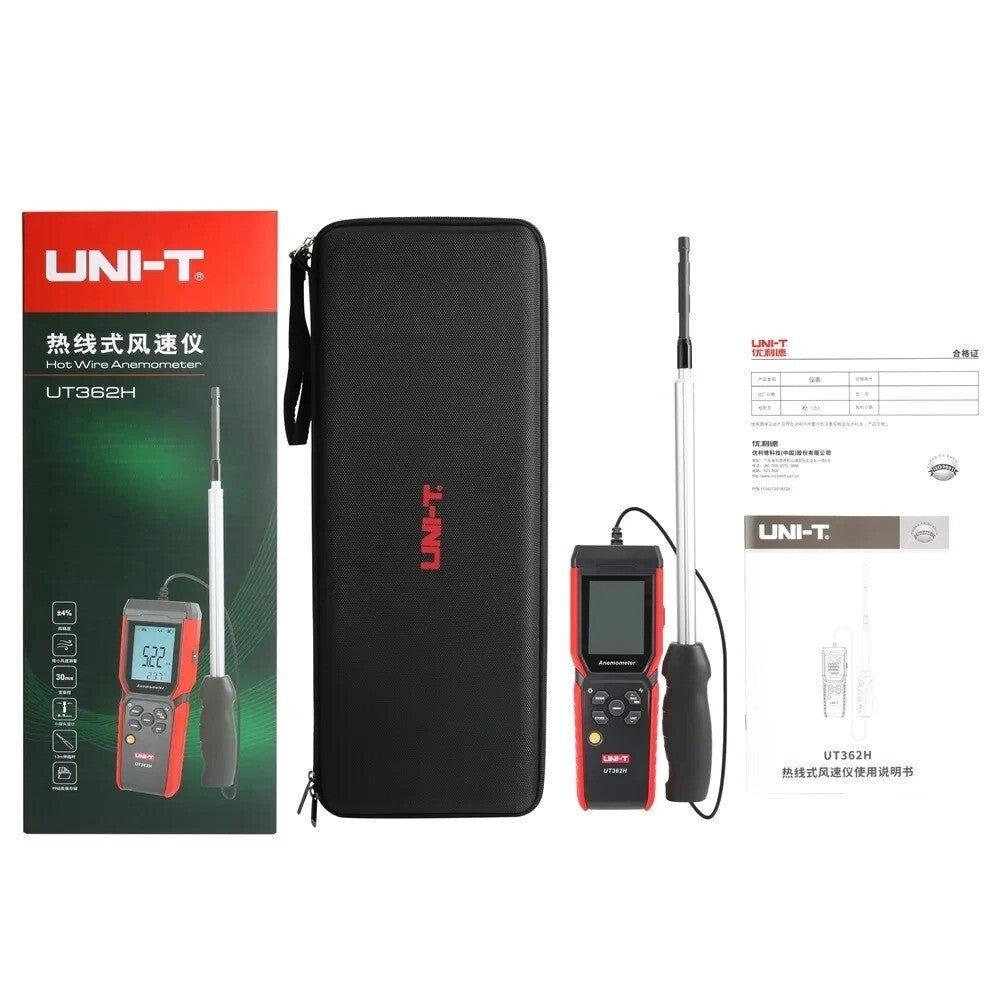 Complete UNI-T UT362H thermal anemometer kit, including the main unit, probe, user manual, and protective carrying pouch, all alongside the retail box.