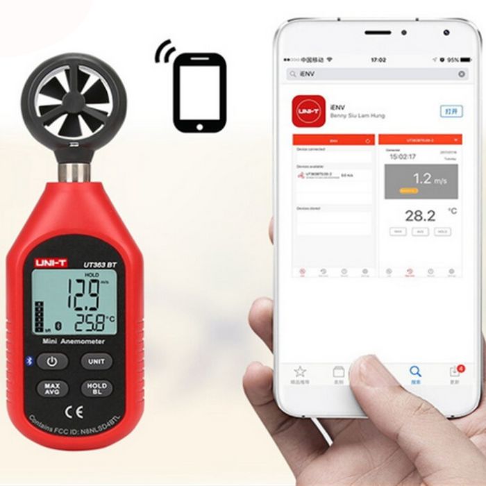 UNI-T UT363BT anemometer wirelessly syncing a 12.9 m/s wind speed reading to a smartphone running the UNI-T iENV app, demonstrating its Bluetooth data transfer.