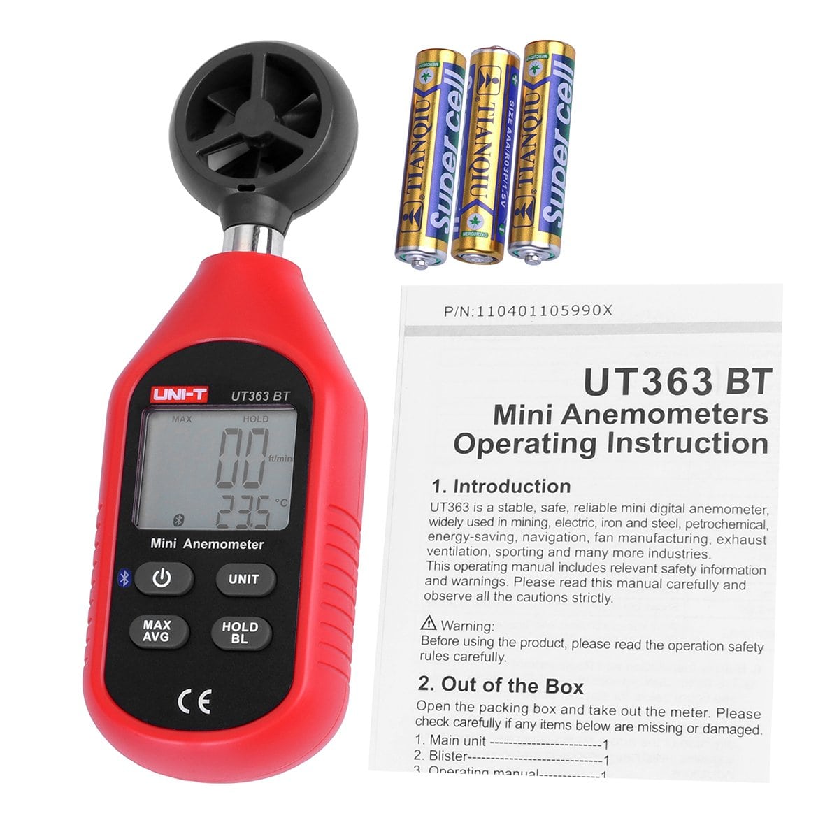 Complete package of the UNI-T UT363BT handheld wind meter, including the device, three AAA batteries, and the English user manual, ready for first use.