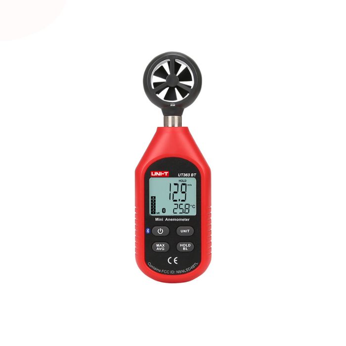 UNI-T UT363BT smart anemometer with its backlit display showing a 12.9 m/s wind speed reading, 25.8°C temperature, Beaufort scale, and active Bluetooth indicator.
