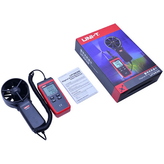 Full retail package for the UNI-T UT363S wind speed meter, including the device showing a 0.0 m/s reading, user manual, and retail box on a white surface.