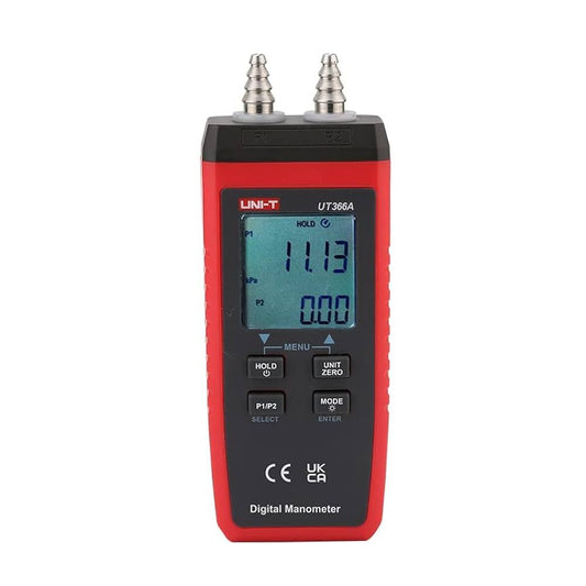 UNI-T UT366A digital manometer front view, backlit display shows P1 11.13kPa P2 0.0kPa, gauge differential pressure meter for HVAC testing