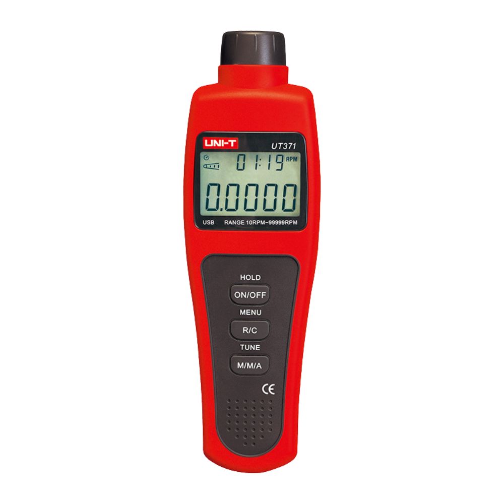 UNI-T UT371 Non-Contact Laser Tachometer RPM Meter Front View - Industrial Speed Gauge Digital Display.